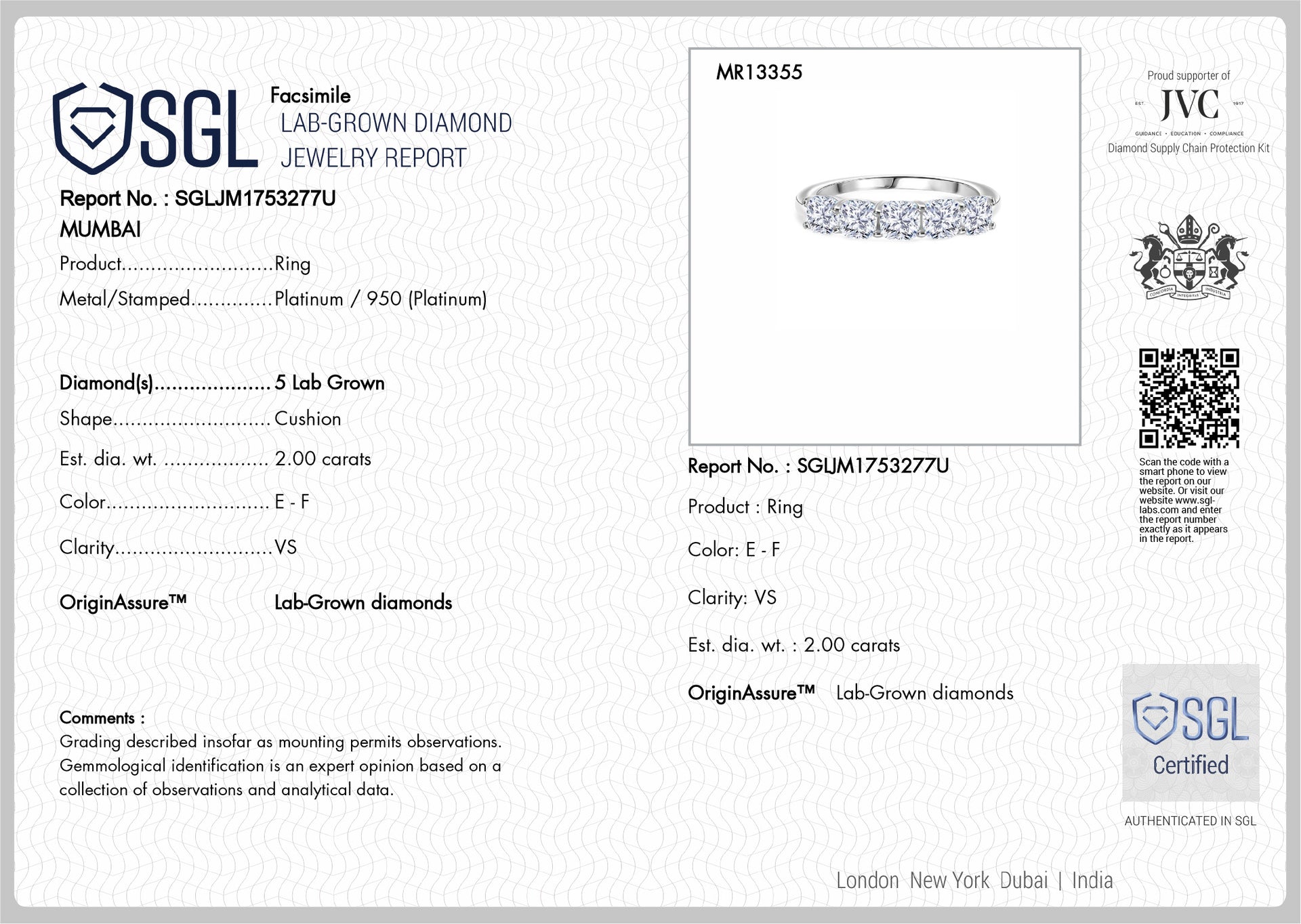 LUXURIANT 2 Ct. Lab Grown Diamond 5 Stone Ring in 950 Platinum, SGL Certified 8306321 8