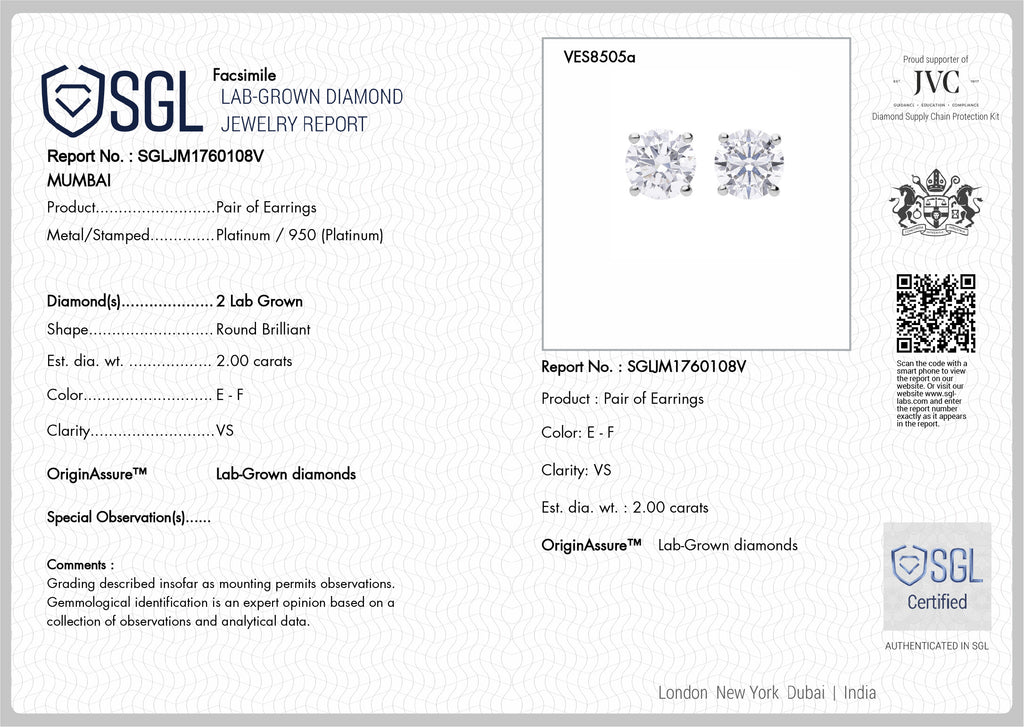 Luxuriant 950 Platinum SGL Certified Lab Grown Diamond (VS/EF) Solitaire Stud Earring with Screw Back 2.00 Ct, Platinum Wt. 2.60 Gms._8307856_8