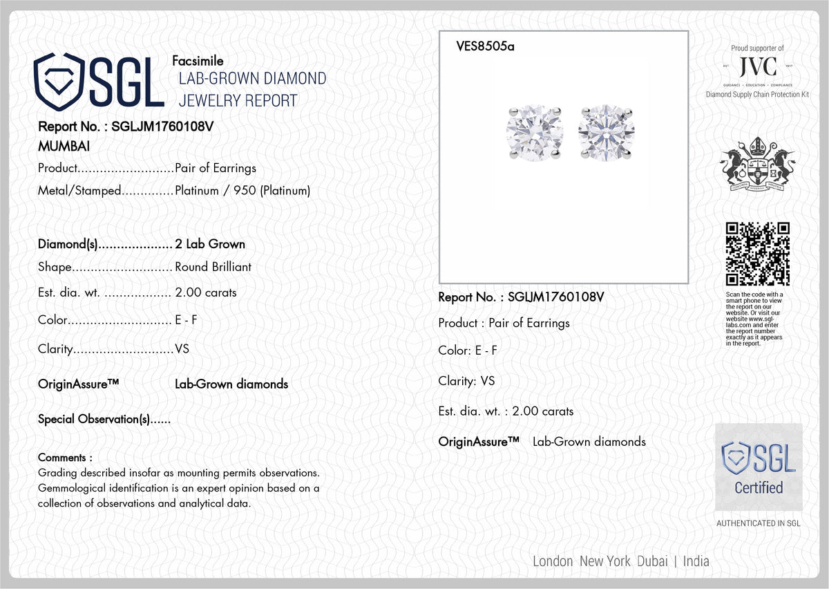LUXURIANT 2 Ct. Lab Grown Diamond Solitaire Earrings in 950 Platinum, SGL Certified 8307856 6