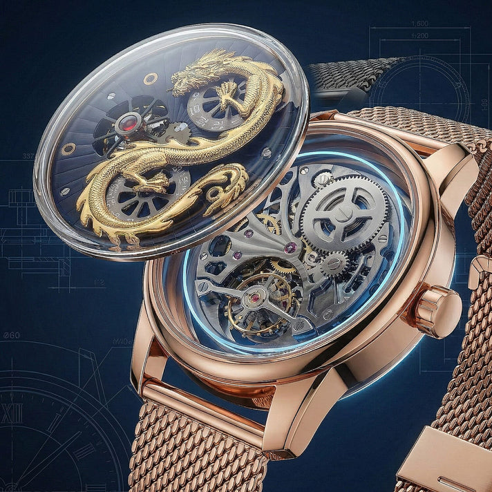 Limited Edition William Hunt London Dragon Watch with Automatic Movt. 5 ATM Water Resistancy, Blue Sapphire Crystal Dial and Adjustable Milanese Strap - Gold 8309874 2