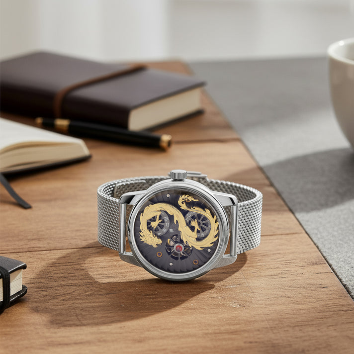 Limited Edition William Hunt London Dragon Watch with Automatic Movt. 5 ATM Water Resistancy, Blue Sapphire Crystal Dial and Adjustable Milanese Strap - Gold 8309874 2