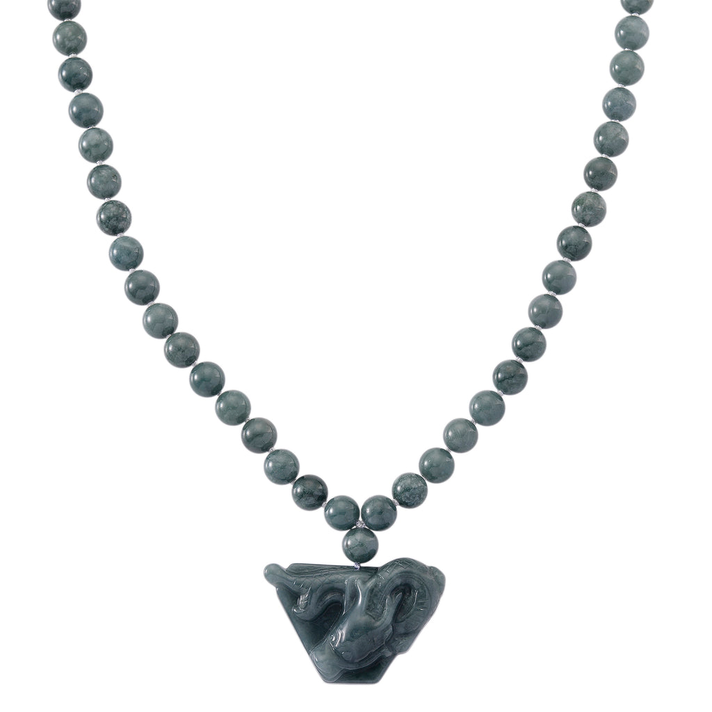 Natural Type A Jadeite Beaded Dragon Necklace (Size 20) in Rhodium Overlay Sterling Silver 550.00 Ct._8311168