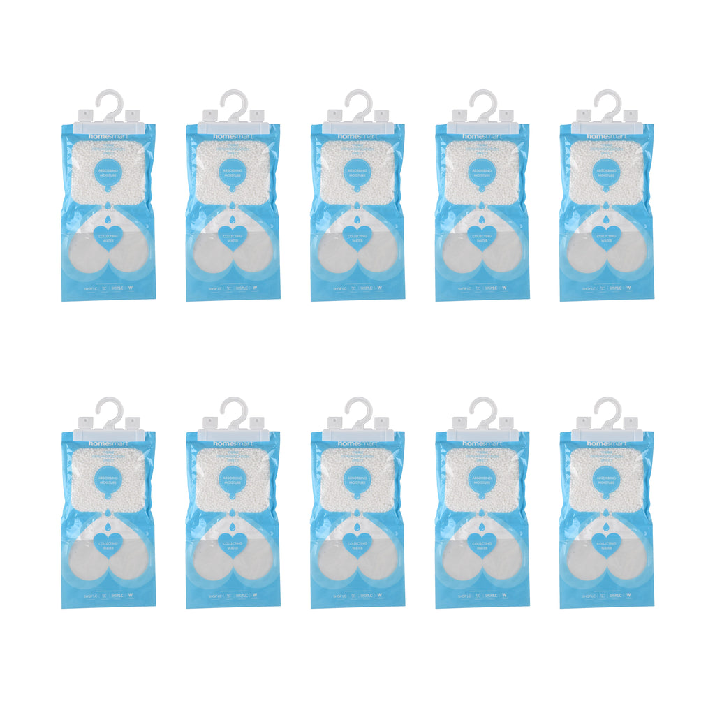 Home Smart 10-Pack Hanging Dehumidifier Bags - 220g Moisture Absorbers for Wardrobes and Cupboards, Fragrance-Free Calcium Chloride Wardrobe Drier - Blue & White