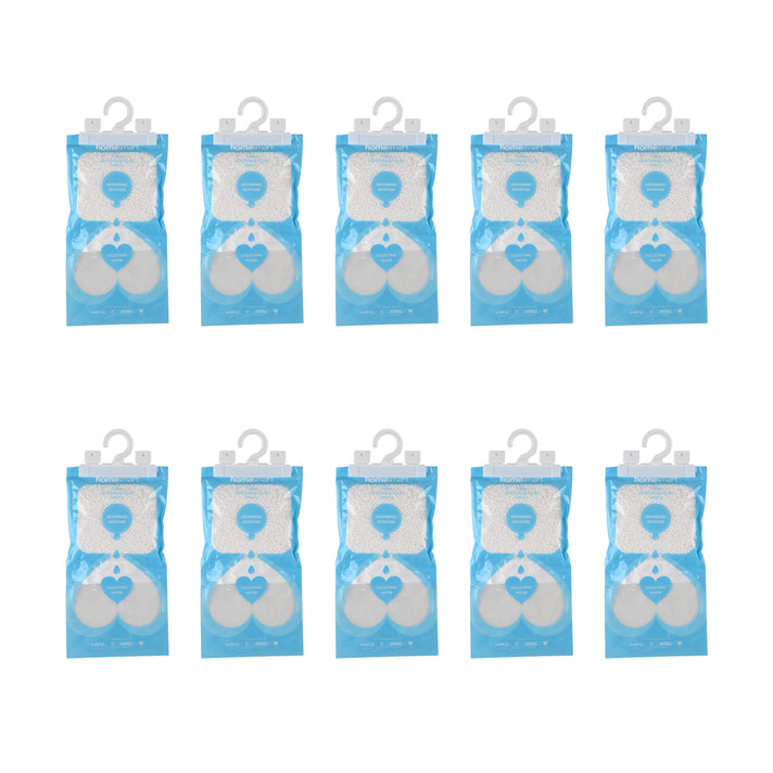 Livmore 10-Pack Hanging Dehumidifier Bags - 220g Moisture Absorbers for Wardrobes and Cupboards, Fragrance-Free Calcium Chloride Wardrobe Drier - Blue &amp; White 8312833 1