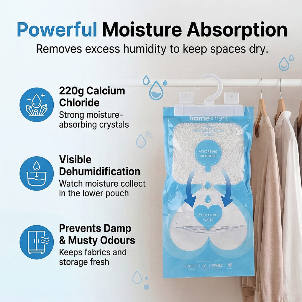 Home Smart 10-Pack Hanging Dehumidifier Bags - 220g Moisture Absorbers for Wardrobes and Cupboards, Fragrance-Free Calcium Chloride Wardrobe Drier - Blue & White