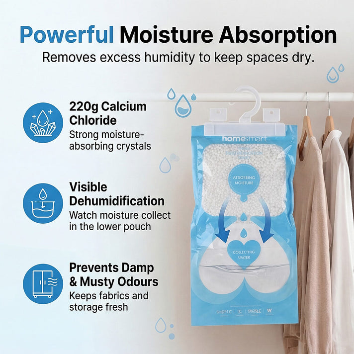 Livmore 10-Pack Hanging Dehumidifier Bags - 220g Moisture Absorbers for Wardrobes and Cupboards, Fragrance-Free Calcium Chloride Wardrobe Drier - Blue &amp; White 8312833 2