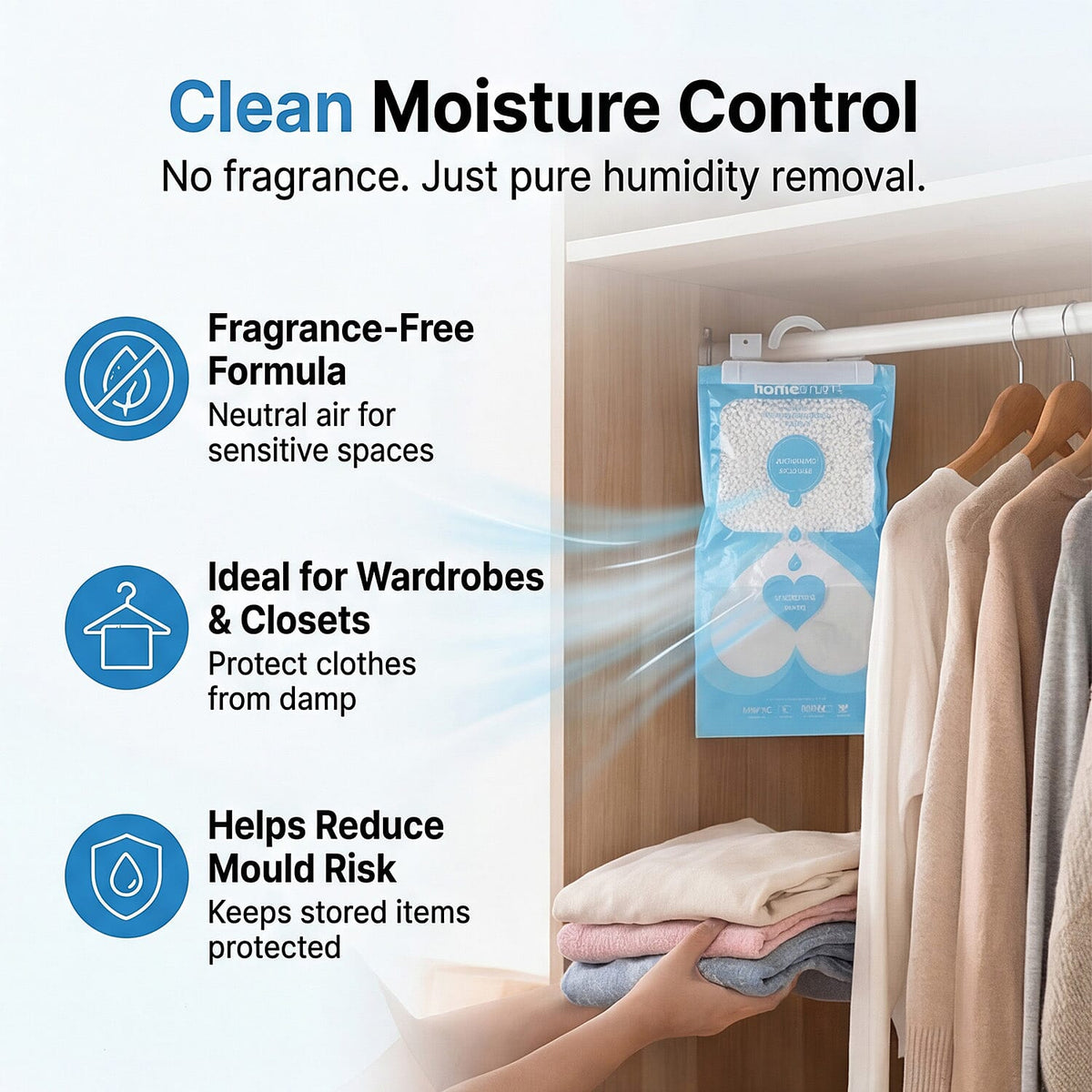 Livmore 10-Pack Hanging Dehumidifier Bags - 220g Moisture Absorbers for Wardrobes and Cupboards, Fragrance-Free Calcium Chloride Wardrobe Drier - Blue &amp; White V32519010 3