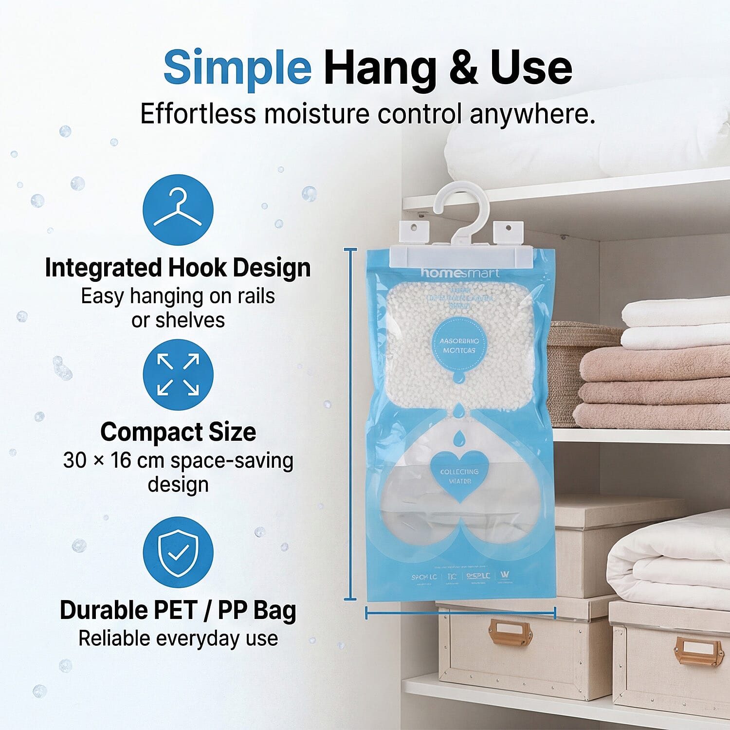 Livmore 10-Pack Hanging Dehumidifier Bags - 220g Moisture Absorbers for Wardrobes and Cupboards, Fragrance-Free Calcium Chloride Wardrobe Drier - Blue &amp; White V32519010 4