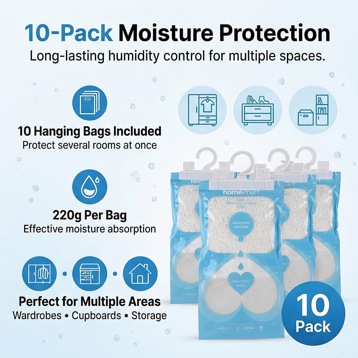 Livmore 10-Pack Hanging Dehumidifier Bags - 220g Moisture Absorbers for Wardrobes and Cupboards, Fragrance-Free Calcium Chloride Wardrobe Drier - Blue &amp; White V32519010 5