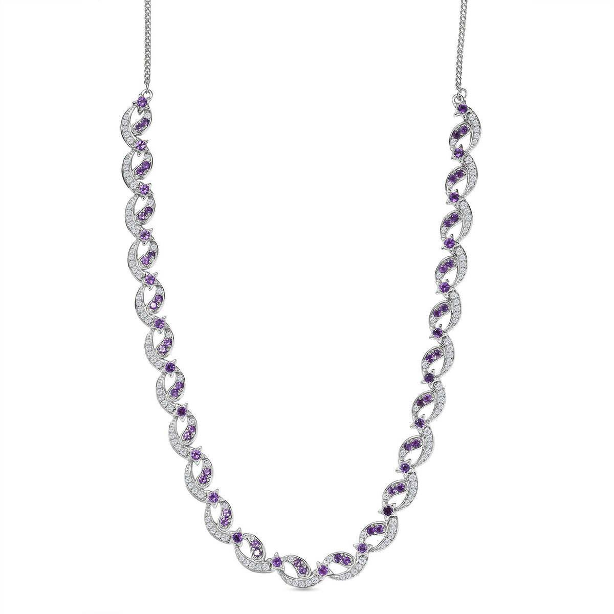 GP - Celestial Dream Collection African Amethyst, Blue Sapphire &amp; White Zircon Multi Row Necklace (Size 20) in Rhodium Overlay Sterling Silver 6.39 Ct, Silver Wt. 27.44 Gms. V32563661 0