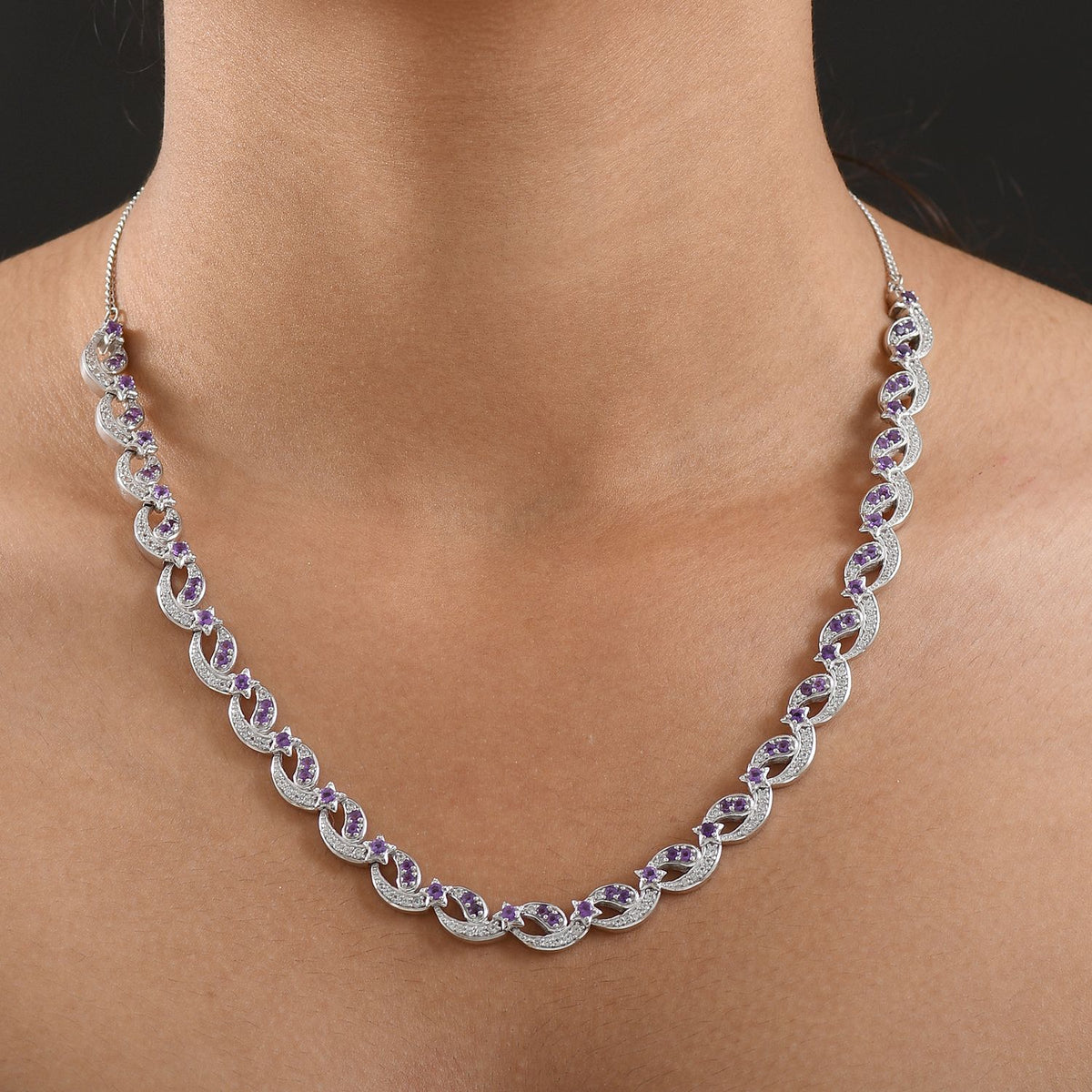 GP - Celestial Dream Collection African Amethyst, Blue Sapphire &amp; White Zircon Multi Row Necklace (Size 20) in Rhodium Overlay Sterling Silver 6.39 Ct, Silver Wt. 27.44 Gms. V32563661 3