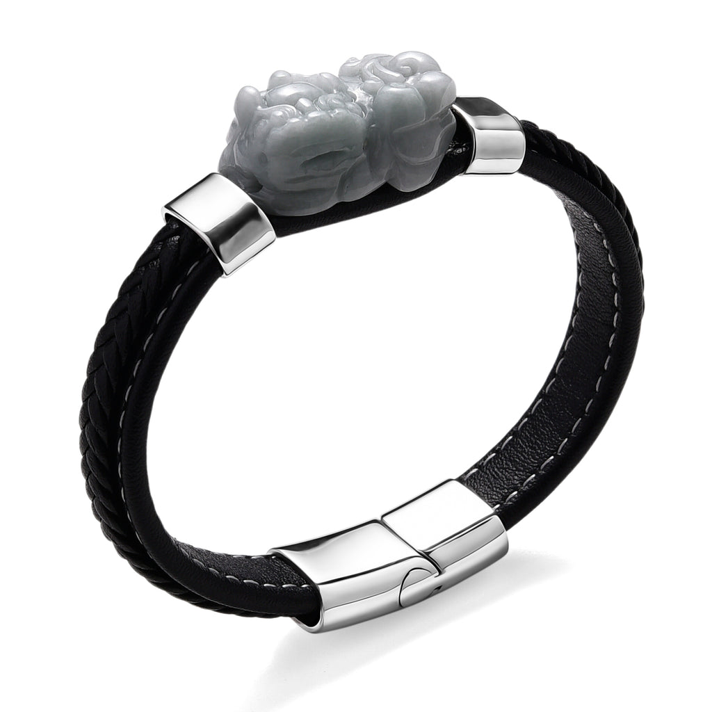 Natural Type A White Jadeite with Pixiu Carving Leather Bracelet (Size 7.5) 125.00 Ct._8313577