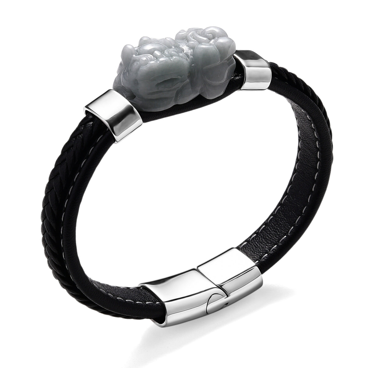 Natural Type A White Jadeite with Pixiu Carving Leather Bracelet (Size 7.5) 125.00 Ct. 8313577 0