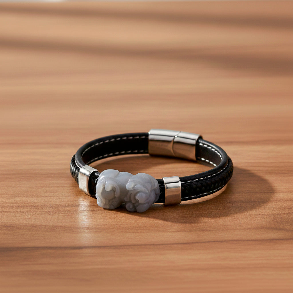 Natural Type A White Jadeite with Pixiu Carving Leather Bracelet (Size 7.5) 125.00 Ct._8313577_1
