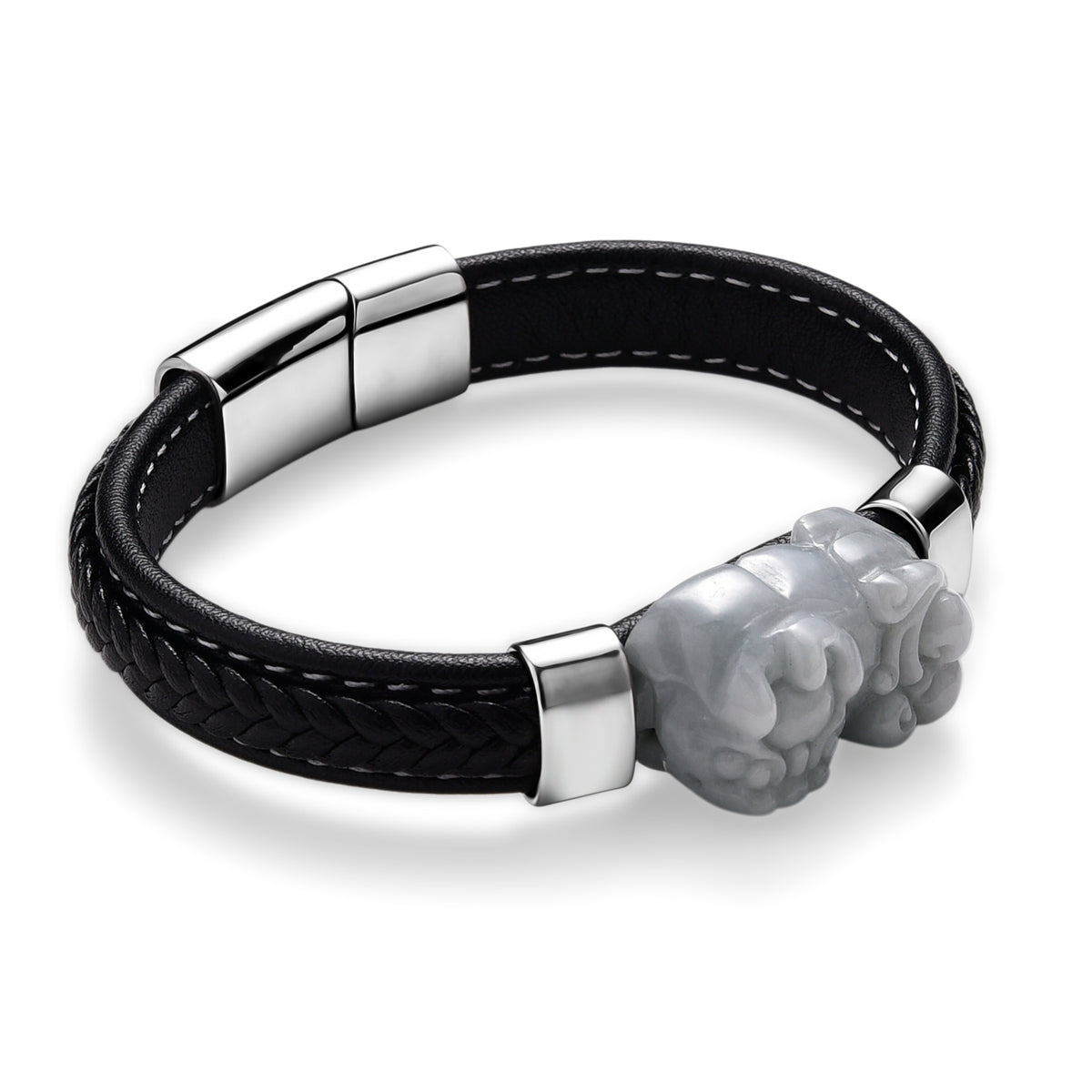 Natural Type A White Jadeite with Pixiu Carving Leather Bracelet (Size 7.5) 125.00 Ct. 8313577 4