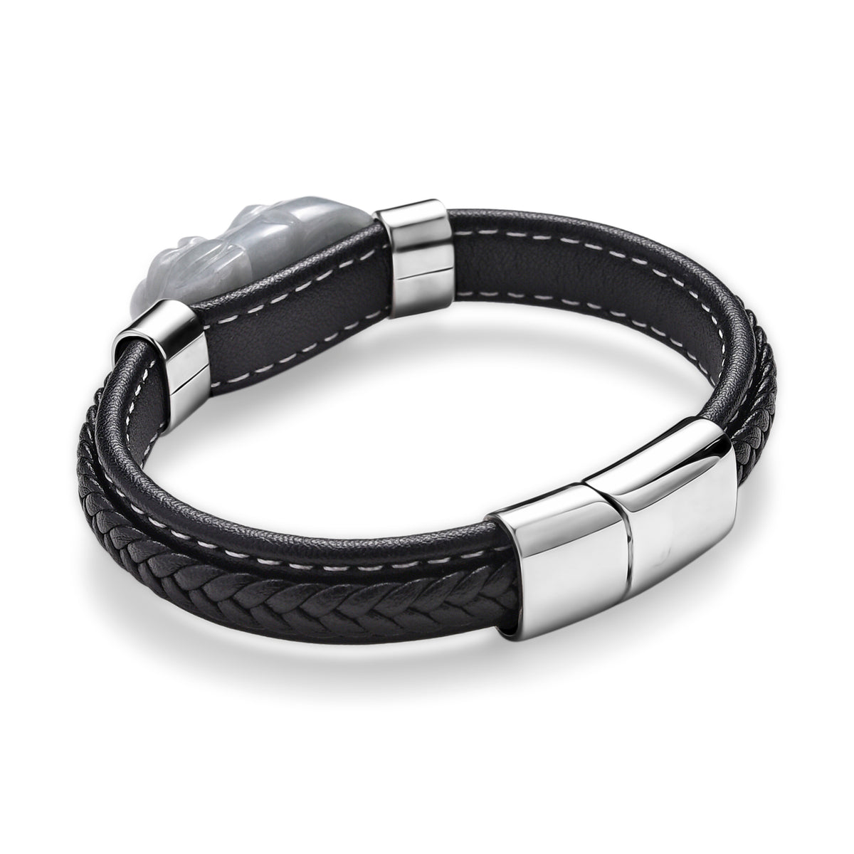 Natural Type A White Jadeite with Pixiu Carving Leather Bracelet (Size 7.5) 125.00 Ct. 8313577 5