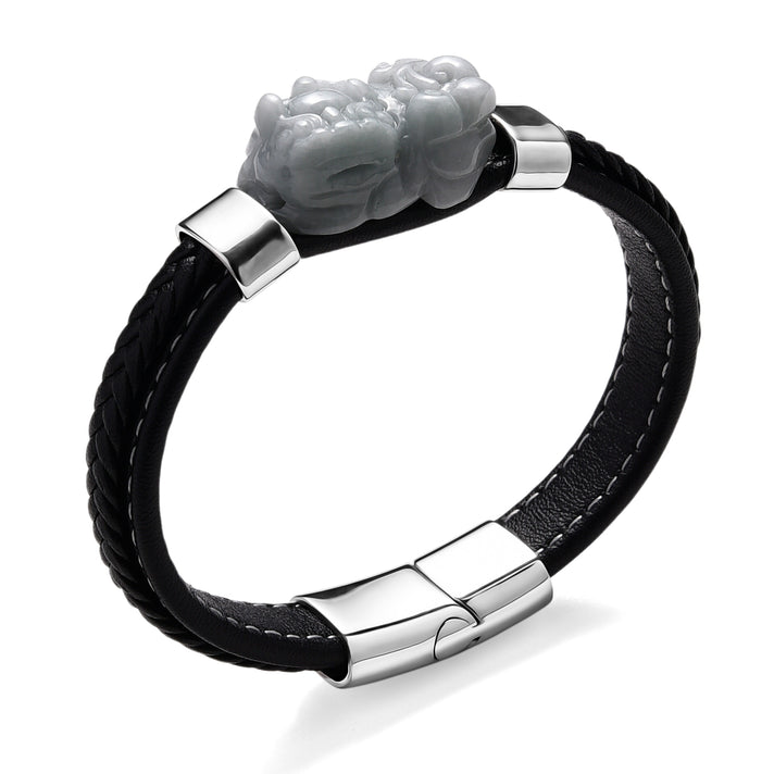 Natural Type A White Jadeite with Pixiu Carving Leather Bracelet (Size 8) in Rhodium Plated 125.00 Ct. 8313578 1