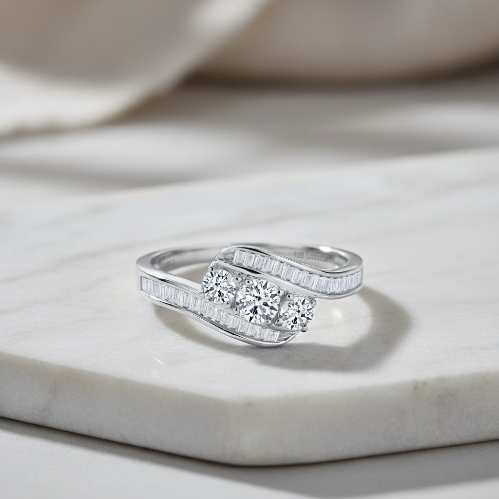 LUXURIANT 1 Ct. Lab Grown Diamond Trilogy Ring in Rhodium Overlay Sterling Silver V32697906 1