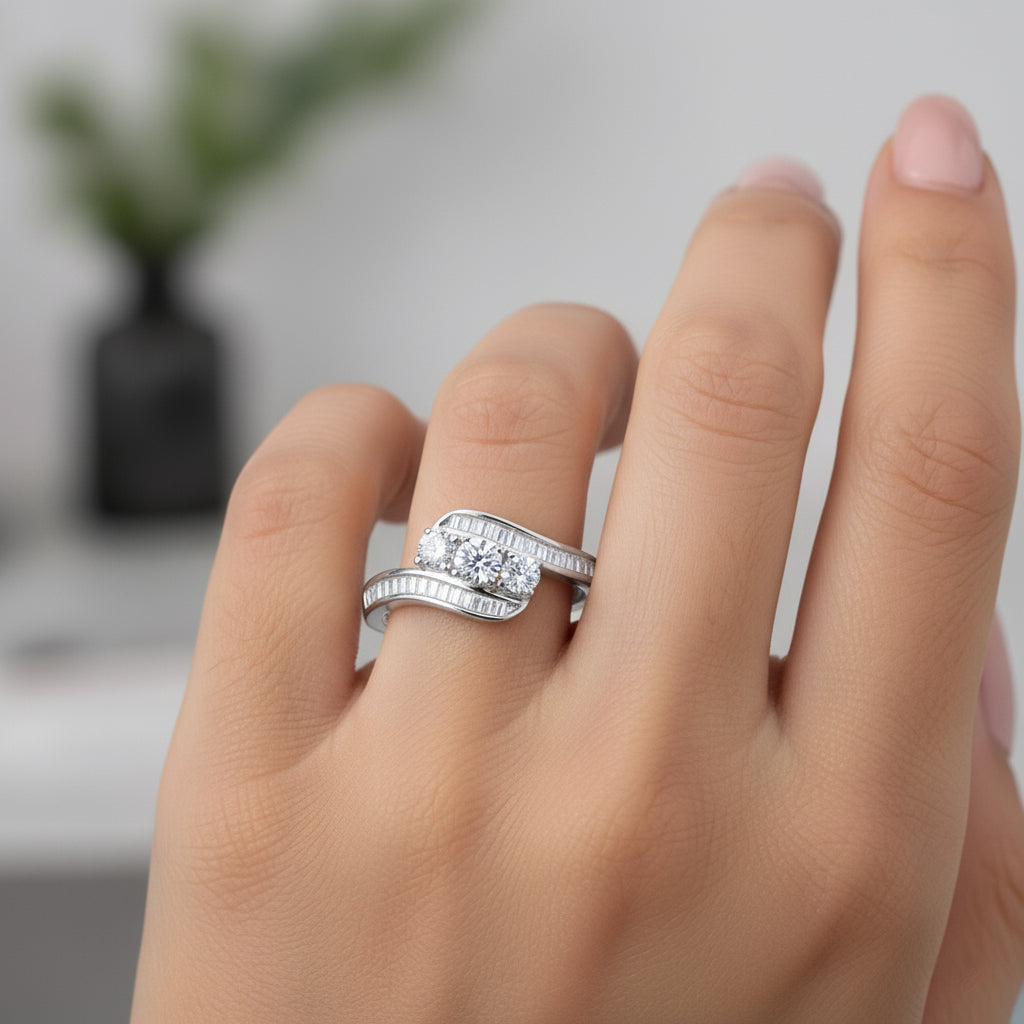 LUXURIANT 1 Ct. Lab Grown Diamond Trilogy Ring in Rhodium Overlay Sterling Silver V32697906 2