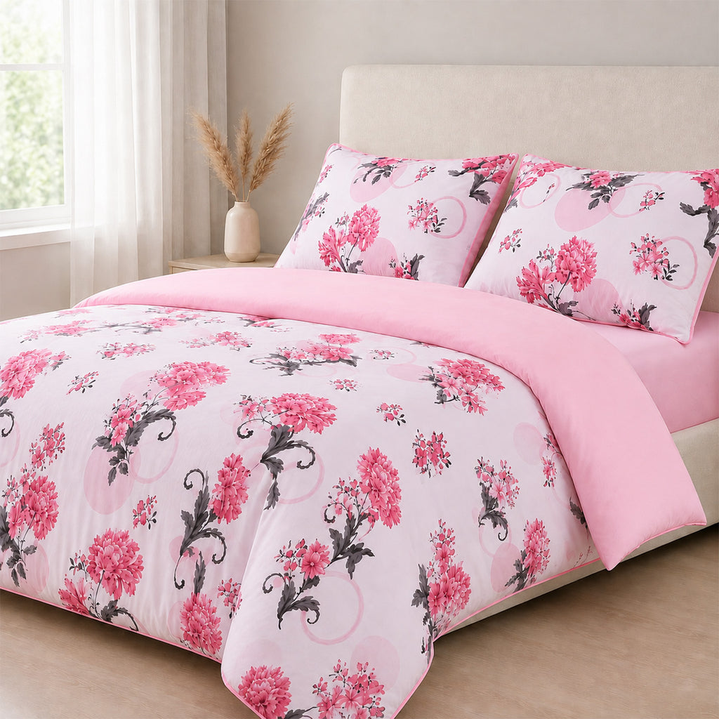 Livemore Set of 4: Reversible King Size Printed Bedding Sheet Set - inc. Deep Fitted Sheet, Duvet Cover & 2 x Pillowcases (225 x 220 cm) - Pink_8314273