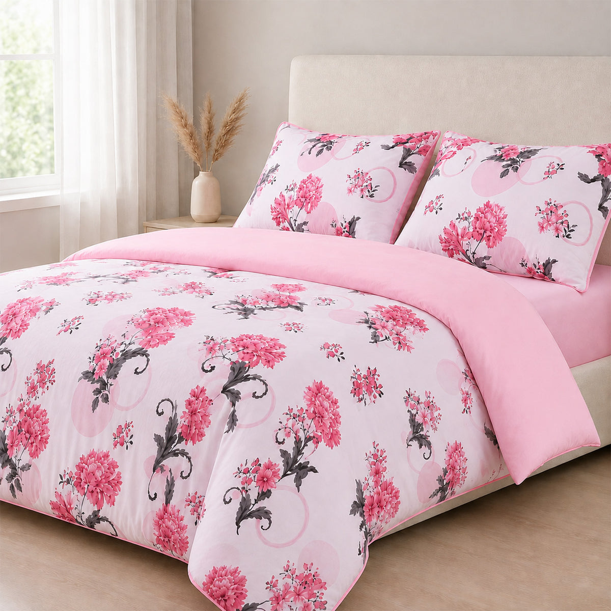Livemore Set of 4: Reversible King Size Printed Bedding Sheet Set - inc. Deep Fitted Sheet, Duvet Cover &amp; 2 x Pillowcases (225 x 220 cm) - Pink V32532668 0