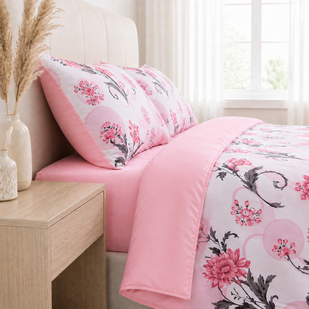 Livemore Set of 4: Reversible King Size Printed Bedding Sheet Set - inc. Deep Fitted Sheet, Duvet Cover & 2 x Pillowcases (225 x 220 cm) - Pink_8314273_1