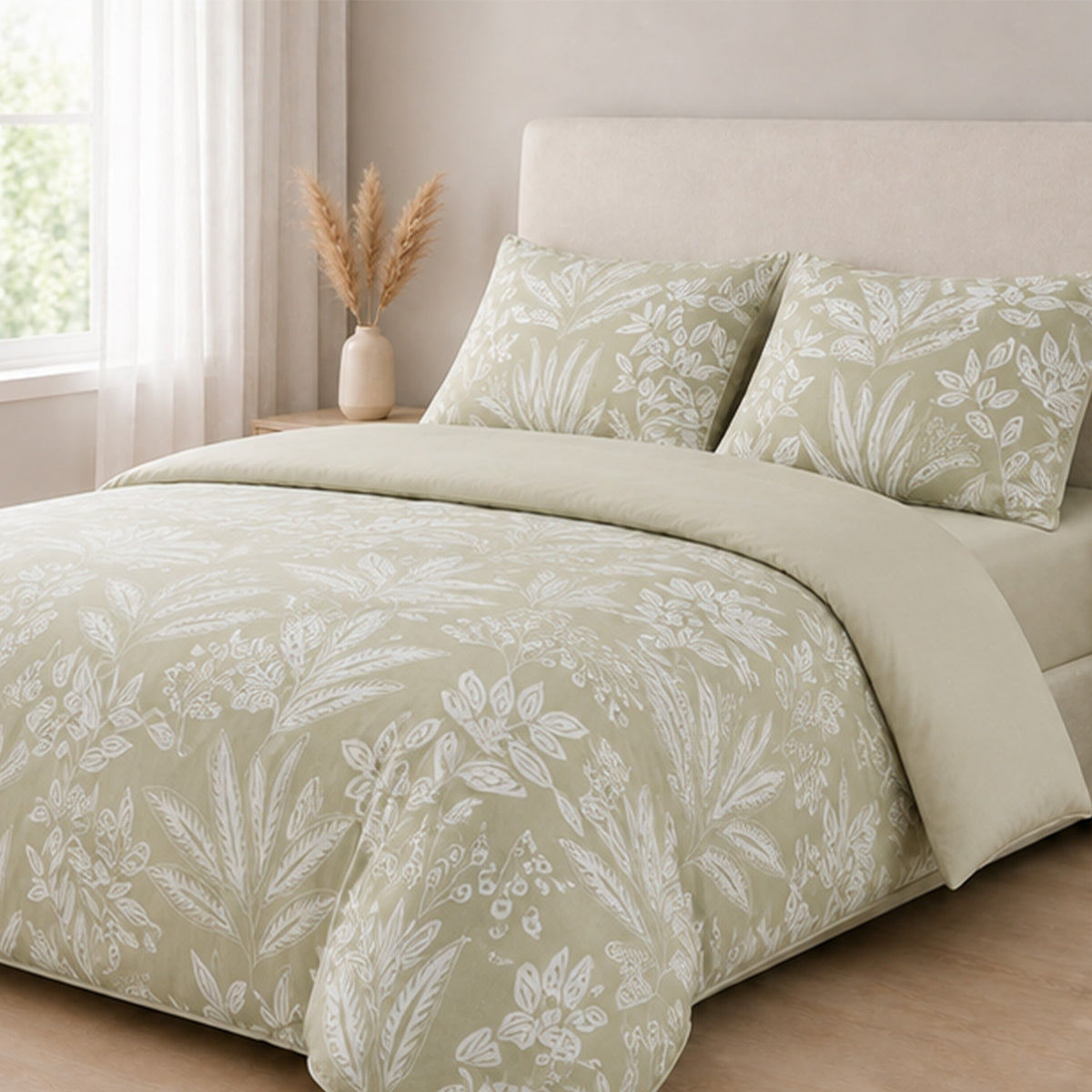 Livemore Set of 4: Reversible Printed Bedding Sheet Set - inc. Deep Fitted Sheet, Duvet Cover &amp; 2 x Pillowcases (Double, 200 x 200 cm) - Green V32527291 0