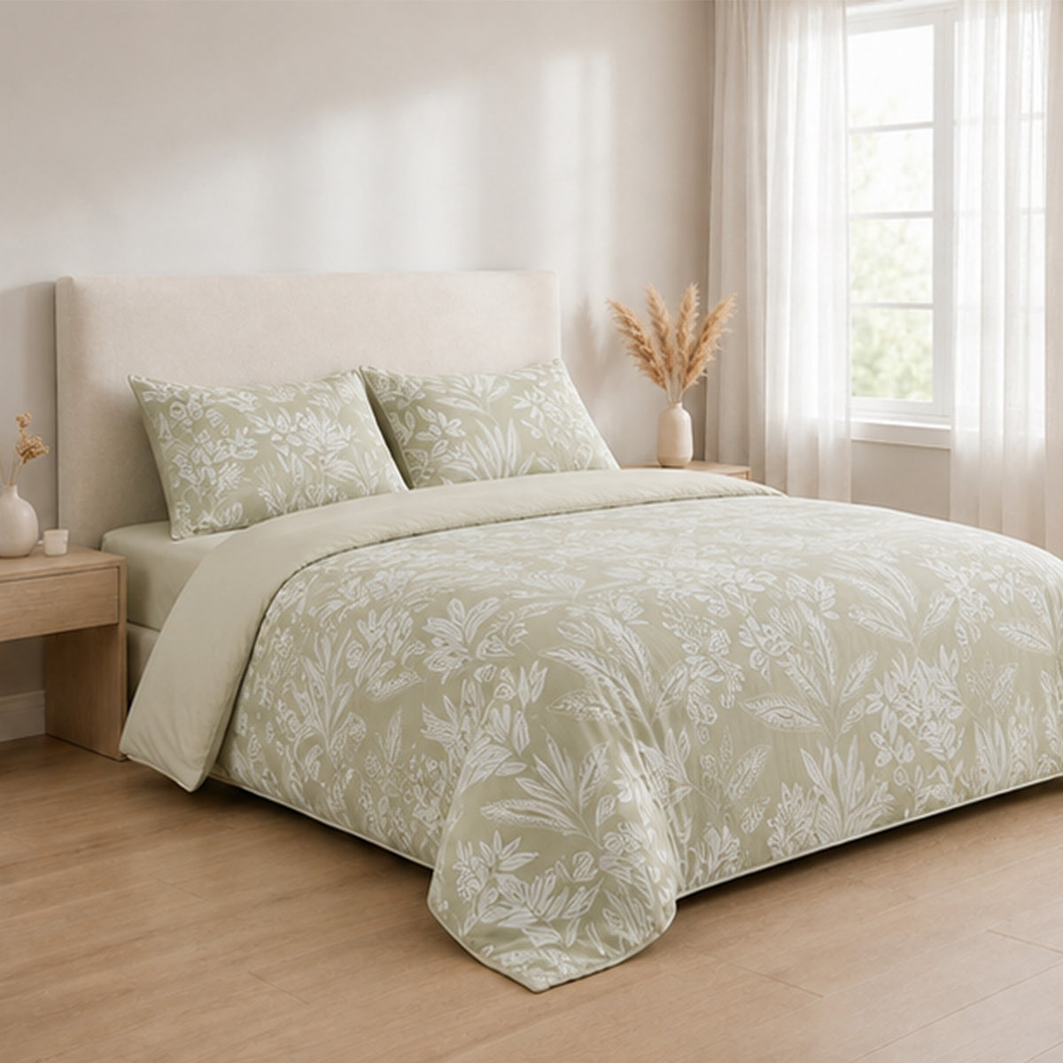 Livemore Set of 4: Reversible Printed Bedding Sheet Set - inc. Deep Fitted Sheet, Duvet Cover &amp; 2 x Pillowcases (Double, 200 x 200 cm) - Green V32527291 4