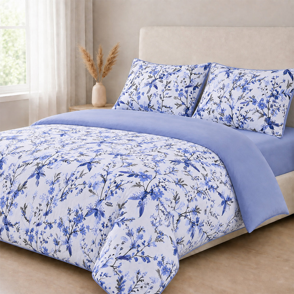Livemore Set of 4: Reversible Printed Bedding Sheet Set - inc. Deep Fitted Sheet, Duvet Cover &amp; 2 x Pillowcases (Double, 200 x 200 cm) - Blue V32527303 0