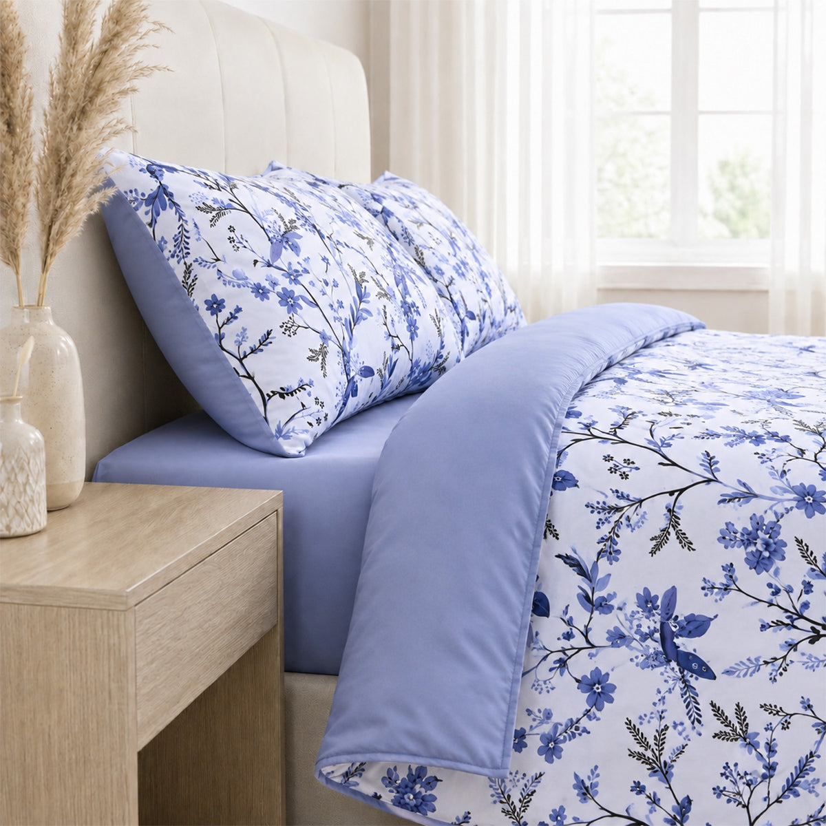 Livemore Set of 4: Reversible Printed Bedding Sheet Set - inc. Deep Fitted Sheet, Duvet Cover &amp; 2 x Pillowcases (Double, 200 x 200 cm) - Blue V32527303 2