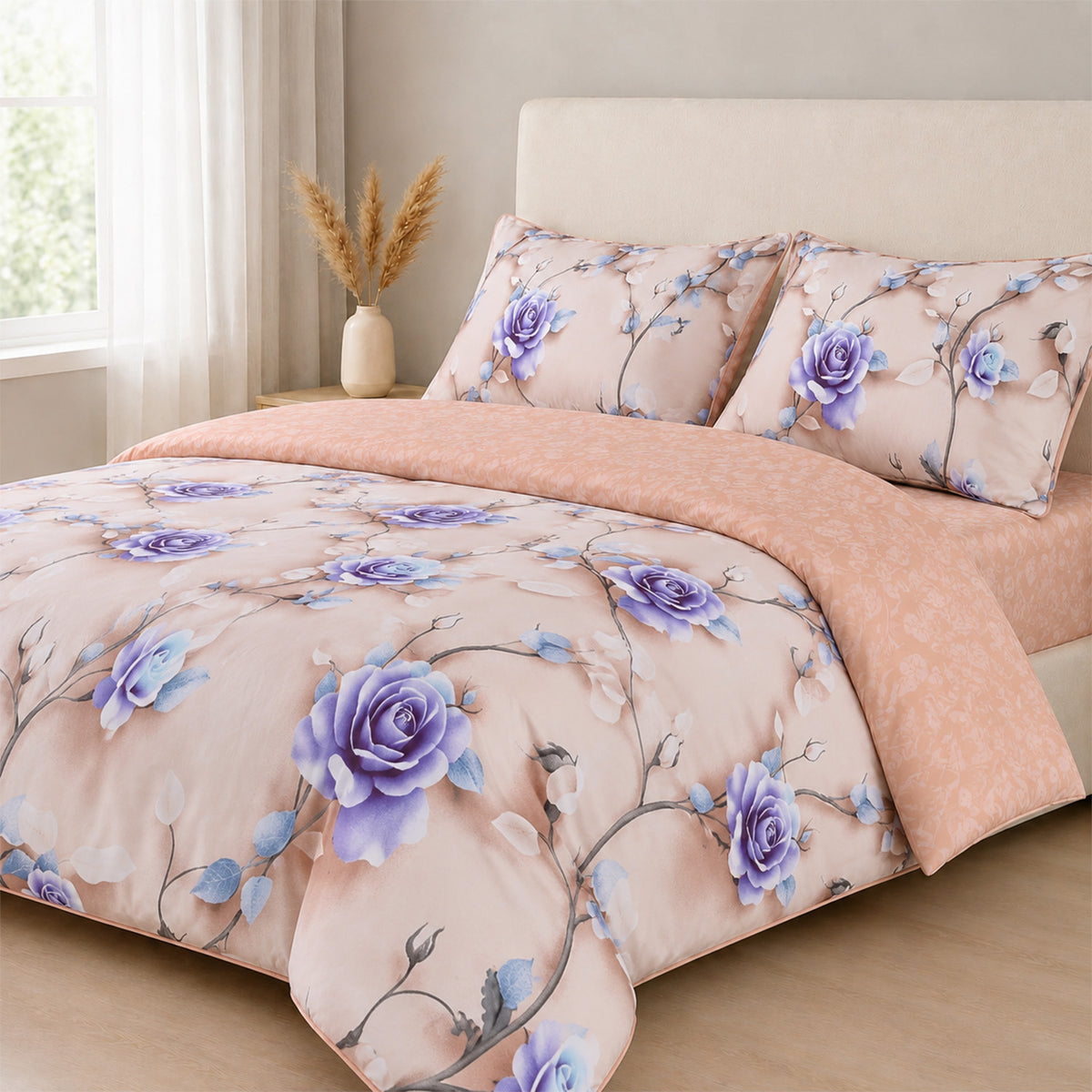 Livemore Set of 4: Reversible Printed Bedding Sheet Set - inc. Deep Fitted Sheet, Duvet Cover &amp; 2 x Pillowcases (Double, 200 x 200 cm) - Brown V32527707 0