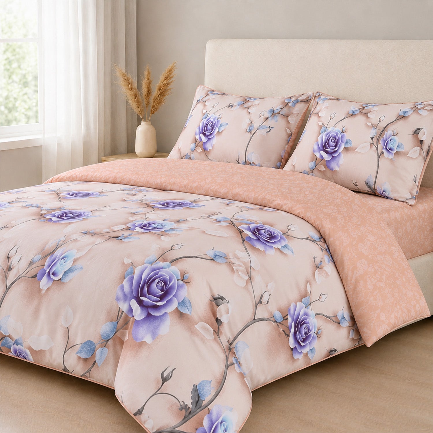 Livemore Set of 4: Reversible Printed Bedding Sheet Set - inc. Deep Fitted Sheet, Duvet Cover &amp; 2 x Pillowcases (Double, 200 x 200 cm) - Brown V32527707 0