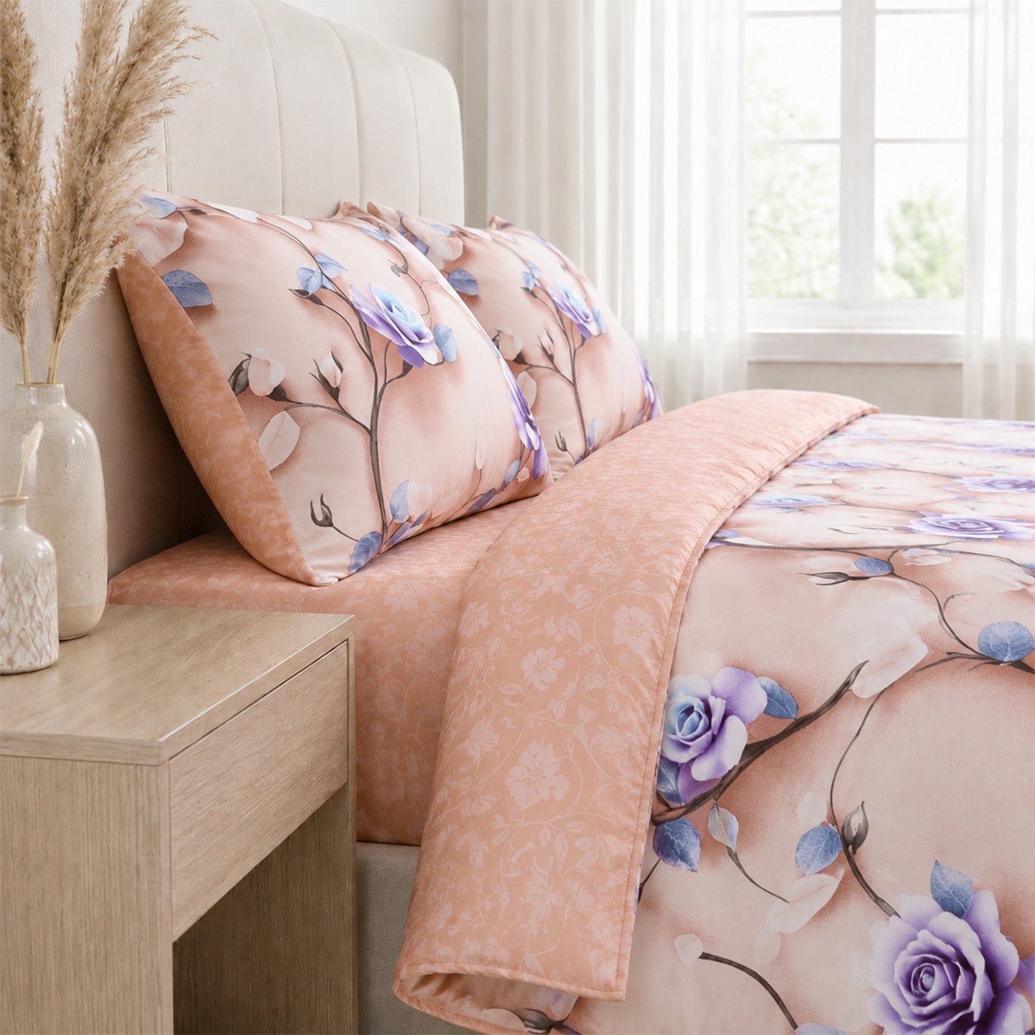 Livemore Set of 4: Reversible Printed Bedding Sheet Set - inc. Deep Fitted Sheet, Duvet Cover &amp; 2 x Pillowcases (Double, 200 x 200 cm) - Brown V32527707 2