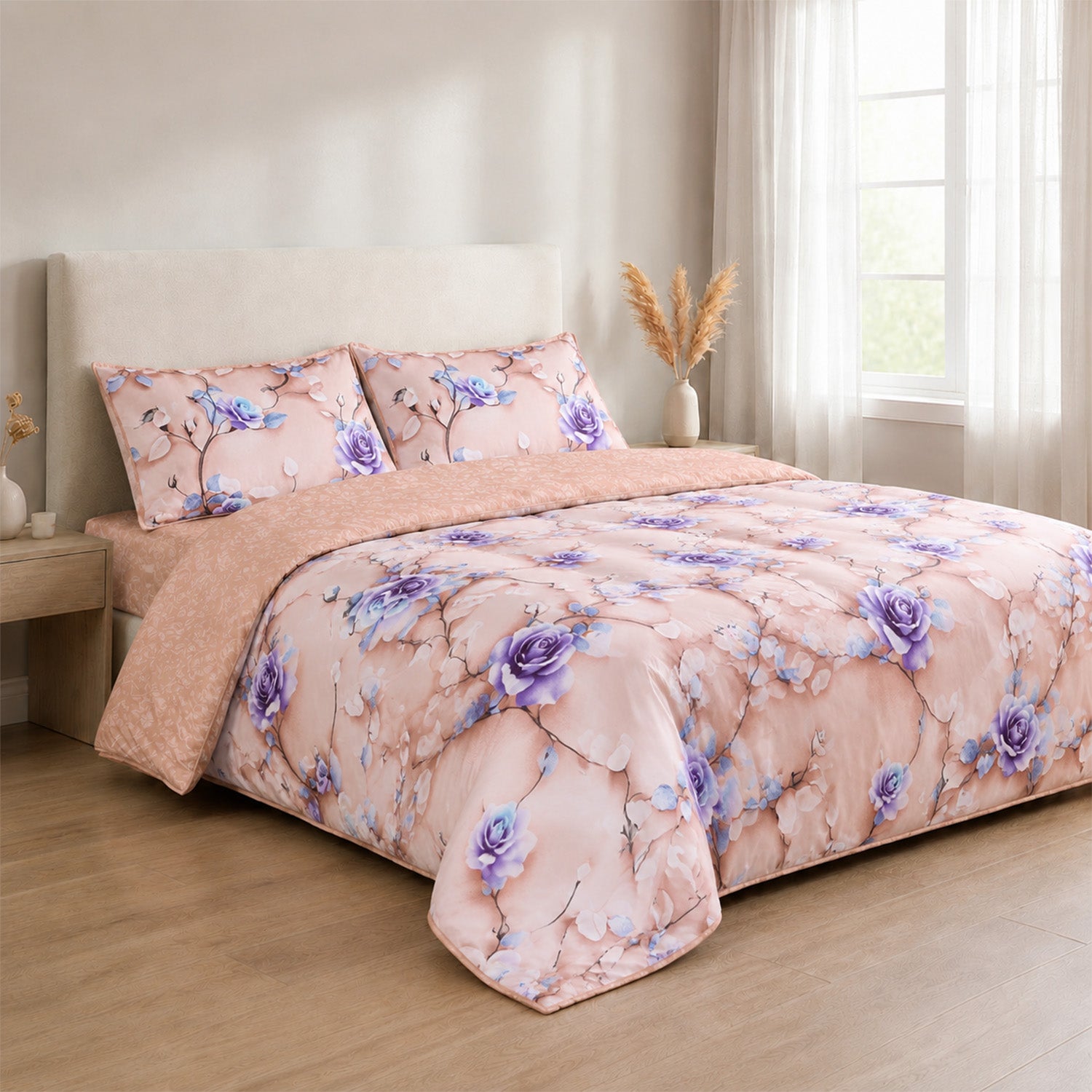 Livemore Set of 4: Reversible King Size Printed Bedding Sheet Set - inc. Deep Fitted Sheet, Duvet Cover &amp; 2 x Pillowcases (225 x 220 cm) - Brown V32532050 4