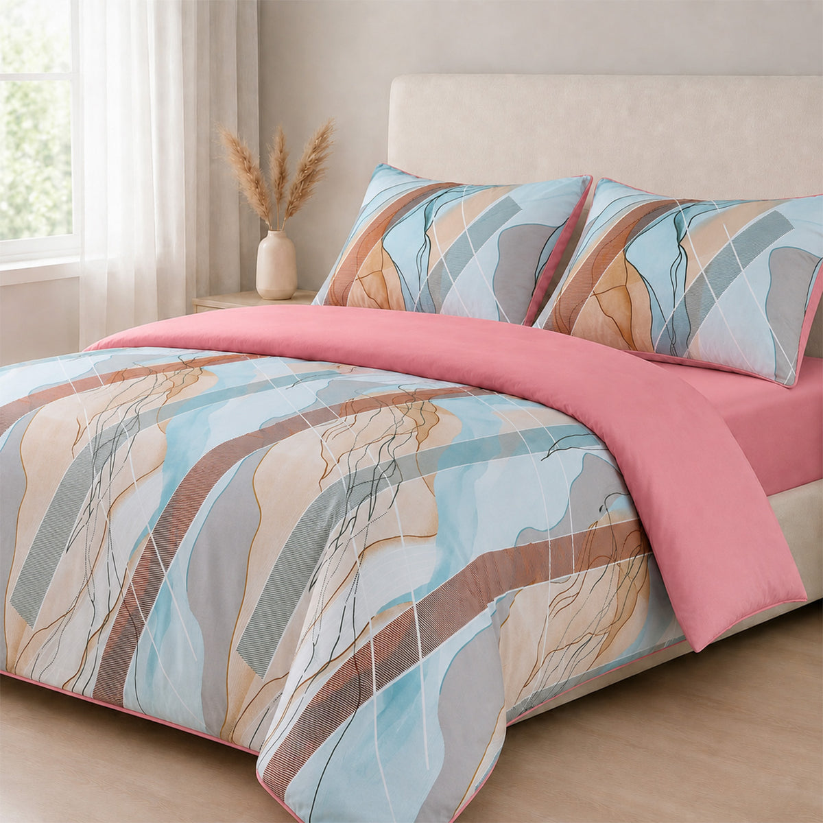 Livemore Set of 4: Reversible Printed Bedding Sheet Set - inc. Deep Fitted Sheet, Duvet Cover &amp; 2 x Pillowcases (Double, 200 x 200 cm) - Pink V32532472 0