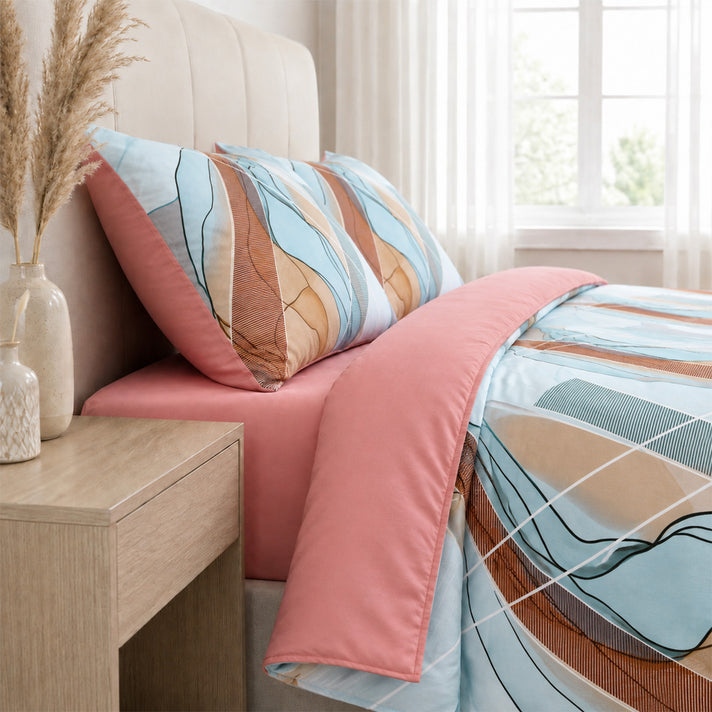 Livemore Set of 4: Reversible Geometric King Size Bedding Sheet Set - inc. Deep Fitted Sheet, Duvet Cover &amp; 2 x Pillowcases (225 x 220 cm) - Pink V32619548 2