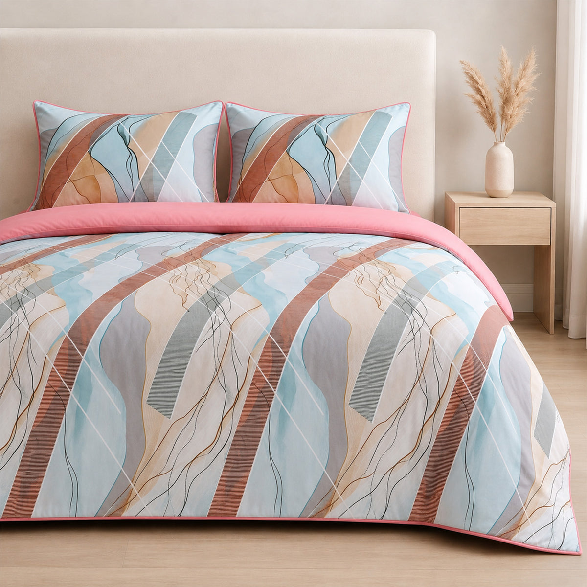 Livemore Set of 4: Reversible Geometric King Size Bedding Sheet Set - inc. Deep Fitted Sheet, Duvet Cover &amp; 2 x Pillowcases (225 x 220 cm) - Pink V32528345 3