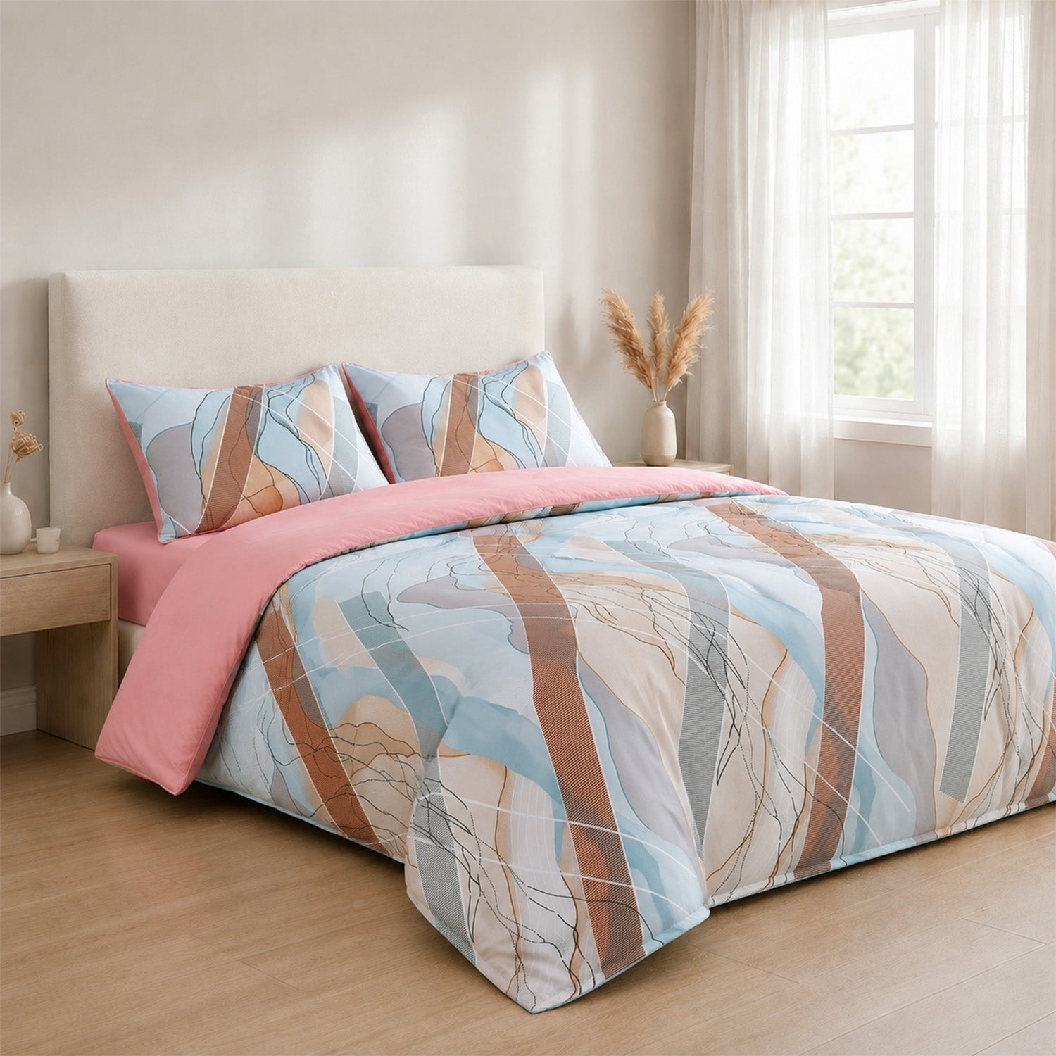 Livemore Set of 4: Reversible Geometric King Size Bedding Sheet Set - inc. Deep Fitted Sheet, Duvet Cover &amp; 2 x Pillowcases (225 x 220 cm) - Pink V32528345 4