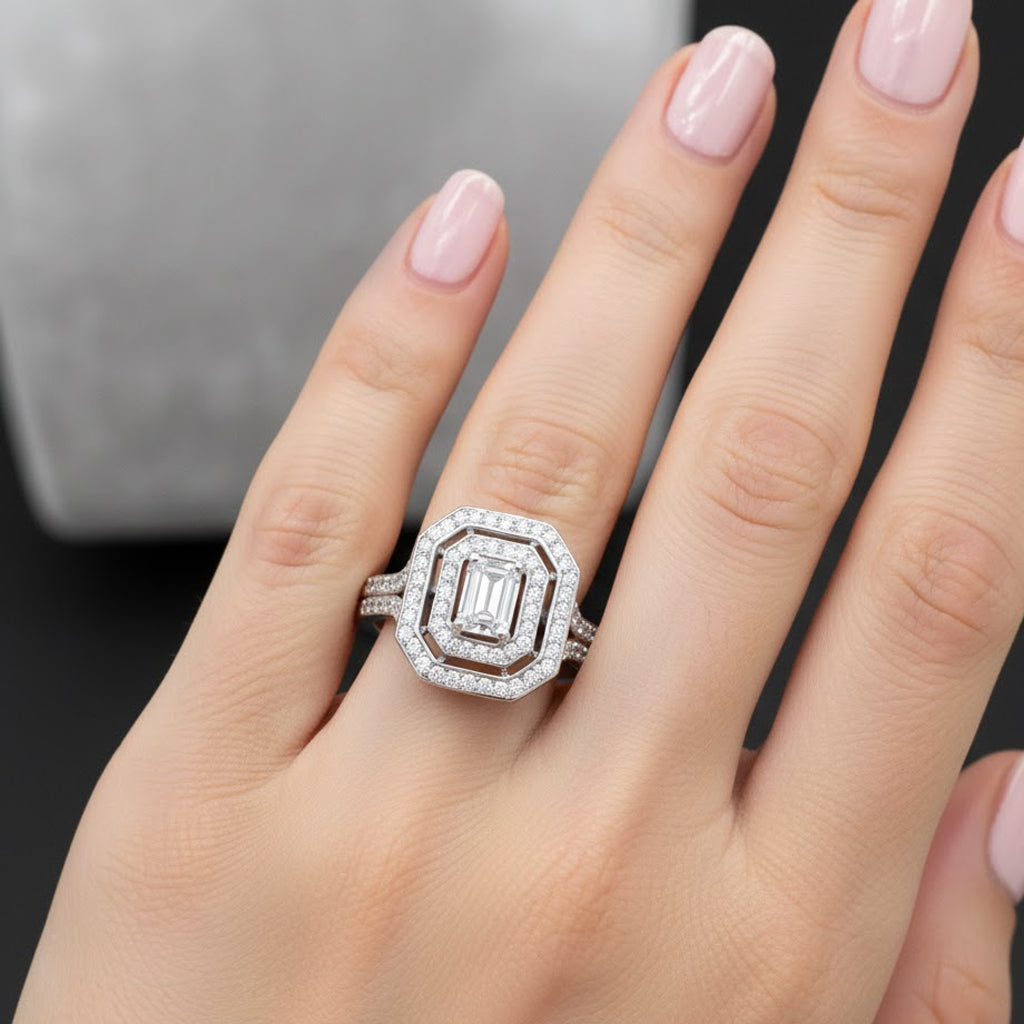 LUXURIANT 1 Ct. Lab Grown Diamond SI G-H Halo Ring in Rhodium Overlay Sterling Silver V32719370 3