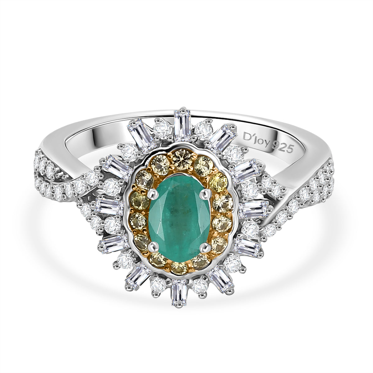 D'Joy Emerald, Yellow Sapphire &amp; Moissanite Halo Ring in Rhodium Overlay Sterling Silver 1.02 Ct. 8314981 0