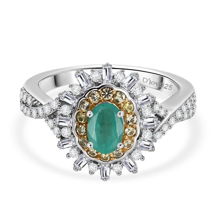 D'Joy Emerald, Yellow Sapphire &amp; Moissanite Halo Ring in Rhodium Overlay Sterling Silver 1.02 Ct. 8314981 1