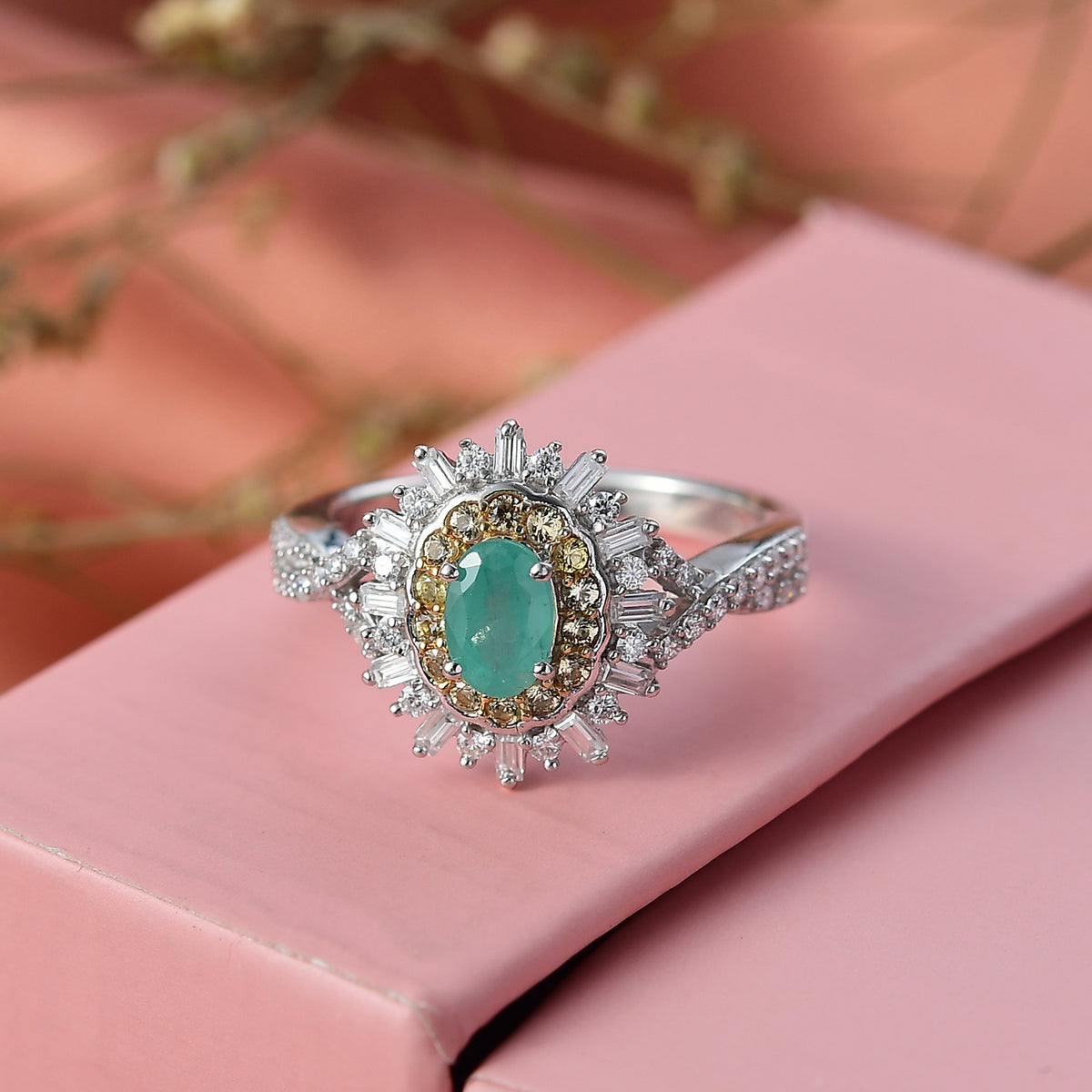 D'Joy Emerald, Yellow Sapphire &amp; Moissanite Halo Ring in Rhodium Overlay Sterling Silver 1.02 Ct. 8314981 2