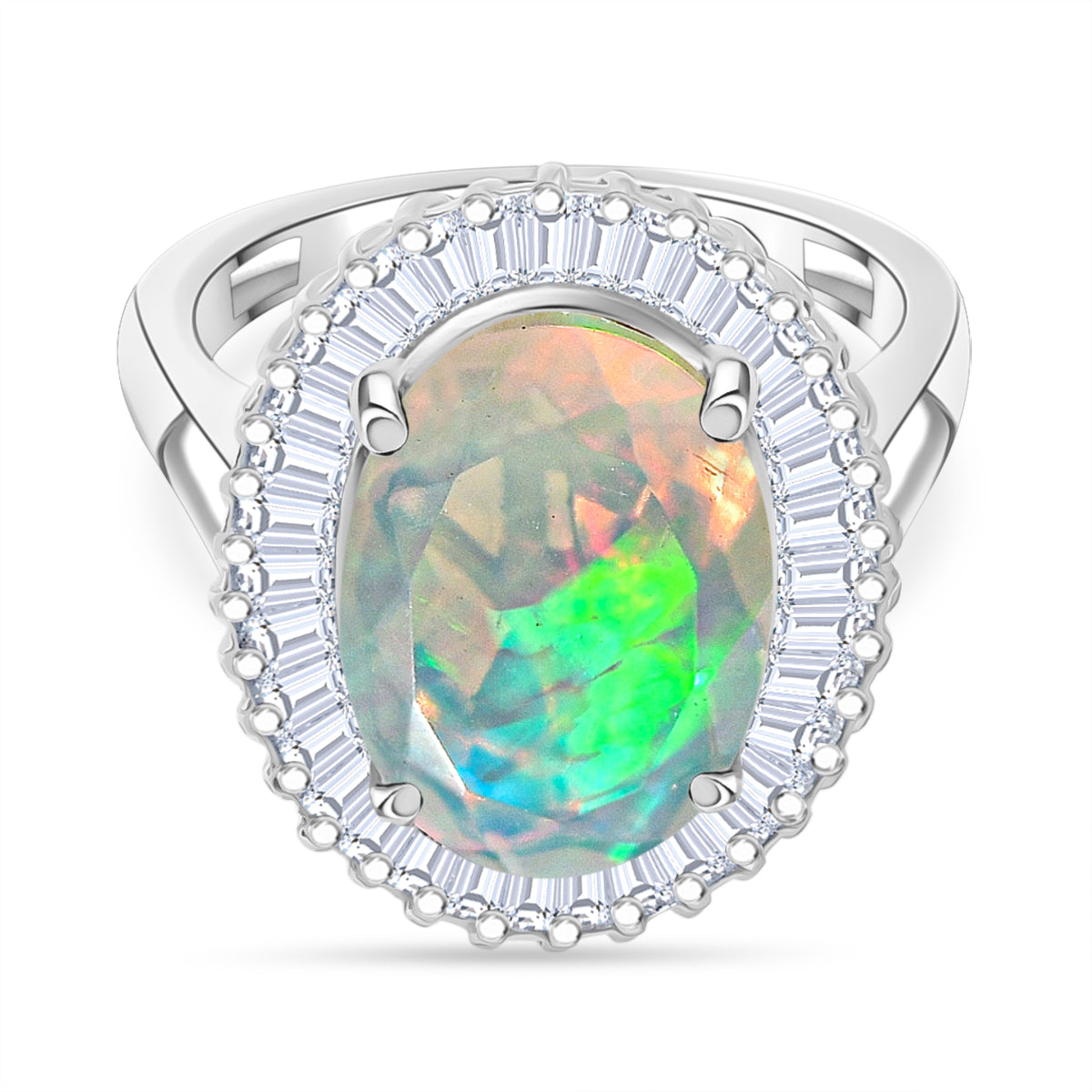 D'Joy Ethiopian Opal &amp; Moissanite Main Stone with Surrounding Stone Ring in Rhodium Overlay Sterling Silver 4.24 Ct. 8315591 0