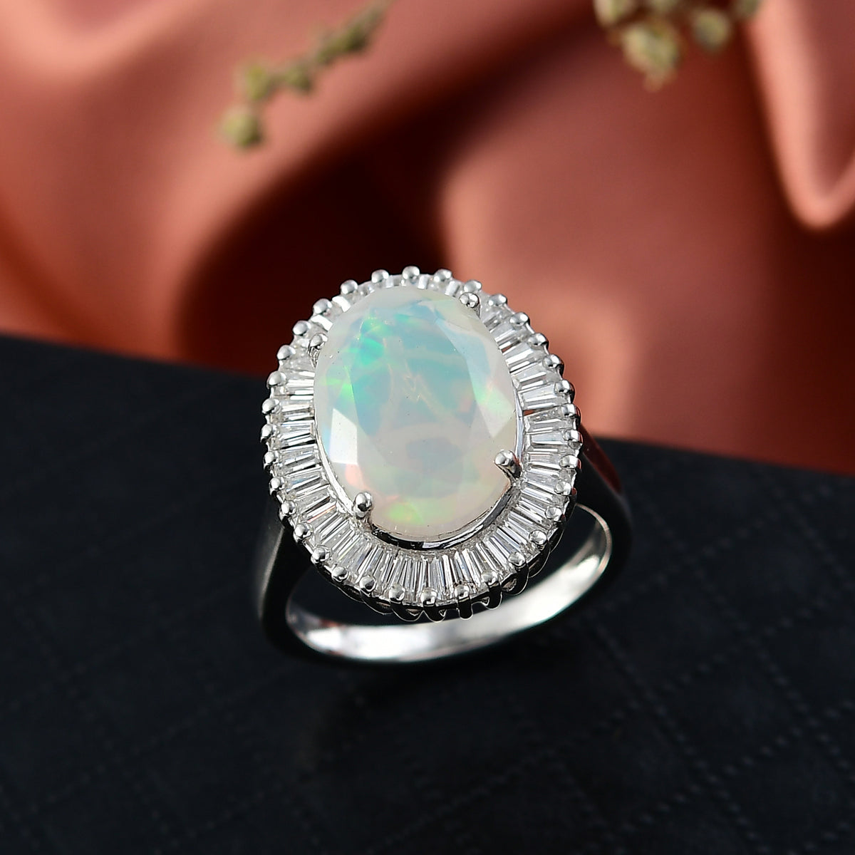 D'Joy Ethiopian Opal &amp; Moissanite Main Stone with Surrounding Stone Ring in Rhodium Overlay Sterling Silver 4.24 Ct. 8315591 2