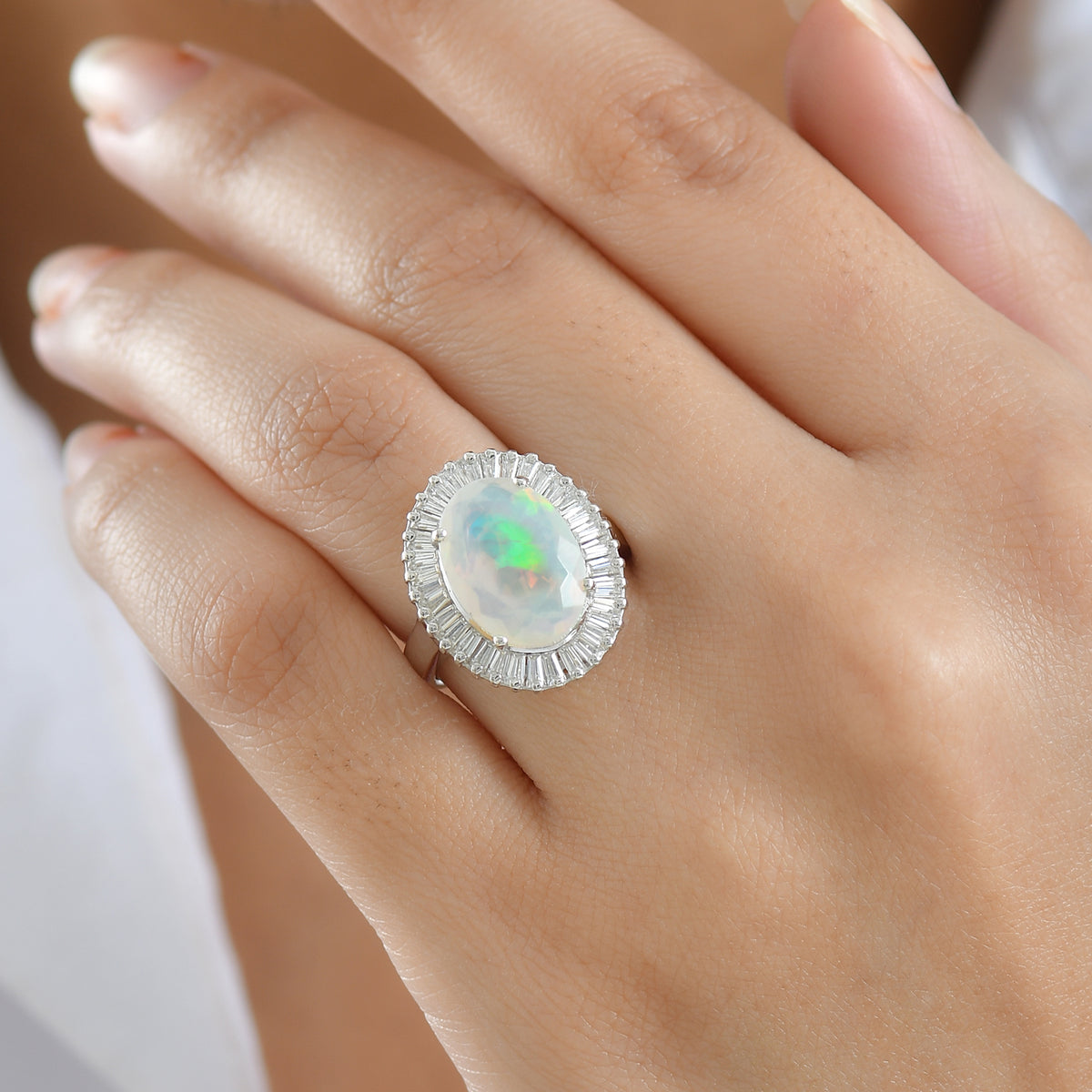 D'Joy Ethiopian Opal &amp; Moissanite Main Stone with Surrounding Stone Ring in Rhodium Overlay Sterling Silver 4.24 Ct. 8315591 3