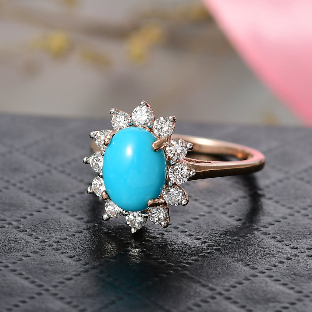 Luxuriant Sleeping Beauty Turquoise & Lab Grown Diamond (SI/GH) Halo Ring in 18K Vermeil Rose Gold Plated Sterling Silver 2.38 Ct._8316215_1