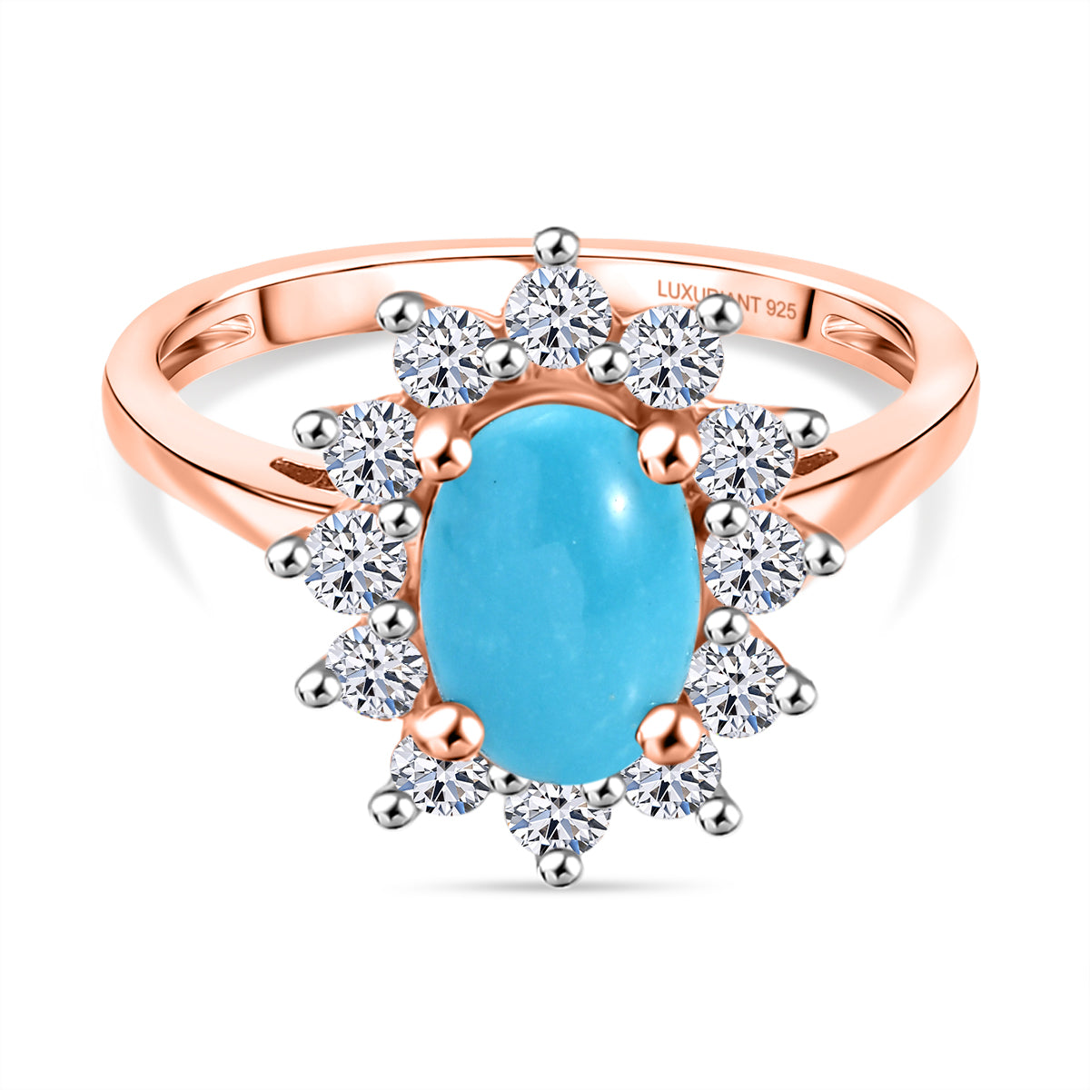 DOORBUSTER DEAL - Luxuriant Sleeping Beauty Turquoise &amp; Lab Grown Diamond (SI/GH) Ring in 18K Vermeil Rose Gold Plated Sterling Silver 2.38 Ct. V32515599 0