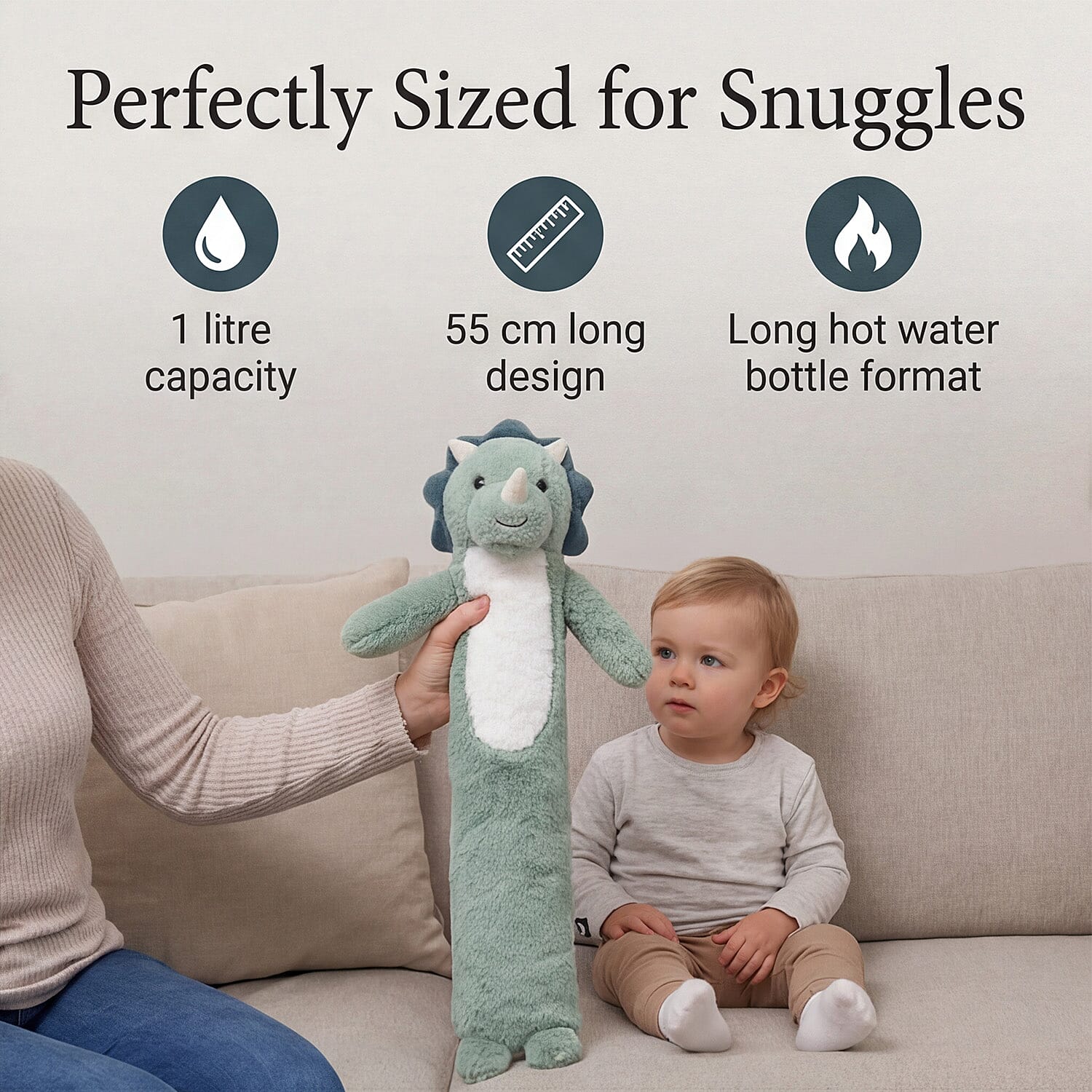 Aroma Super Soft Dinosaur Long Hot Water Bottle Cover - Sage 8316481 2