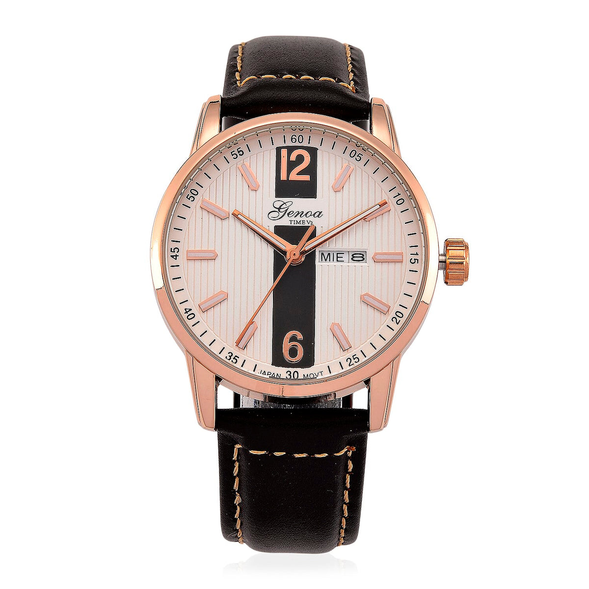 GENOA TIME V2 Double Date Quartz PC33 3ATM WR White Hydraulic Dial &amp; Rose Gold Case Mens Watch with Coffee Leather Strap V32518112 0