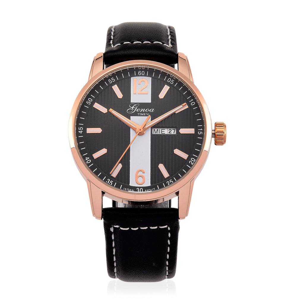 GENOA TIME V2 Double Date Quartz PC33 3ATM WR Black Hydraulic Dial & Rose Gold Case Mens Watch with Black Leather Strap_8319607